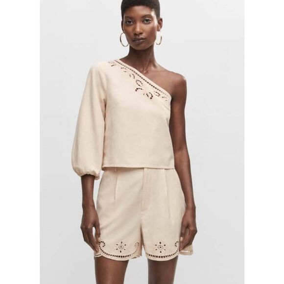 Mango Asymmetrical Embroidered Open Work One Shoulder Top S Ecru - Picture 6 of 11
